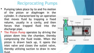 Reciprocating Pumps
 Pumping takes place by to and fro motion
of the piston or diaphragm in the
cylinder. It characterized by an operation
that moves fluid by trapping a fixed
volume, usually in a cavity, and then
forces that trapped fluid into the
discharge pipe.
 The Piston Pump operates by driving the
piston down into the chamber, thereby
compressing the fluid inside. When the
piston is drawn back up, it opens the
inlet valve and closes the outlet valve,
thereby utilizing suction to draw in new
 