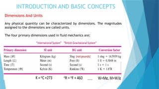 INTRODUCTION AND BASIC CONCEPTS
Dimensions And Units
Any physical quantity can be characterized by dimensions. The magnitudes
assigned to the dimensions are called units.
The four primary dimensions used in fluid mechanics are;
 