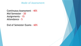 Mode of Assessment
Continuous Assessment – 40%
Mid-Semester – 20
Assignments – 15
Attendance – 5
End of Semester Exams – 60%
 