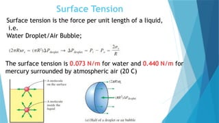 Surface Tension
Surface tension is the force per unit length of a liquid,
i.e.
Water Droplet/Air Bubble;
The surface tension is 0.073 N/m for water and 0.440 N/m for
mercury surrounded by atmospheric air (20 C)
 