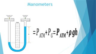 Manometers
𝑃=𝑃𝐴𝑇𝑀+𝑃𝐺=𝑷𝑨𝑻𝑴+𝝆𝒈𝒉
 