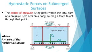 Hydrostatic Forces on Submerged
Surfaces
 The center of pressure is the point where the total sum
of a pressure field acts on a body, causing a force to act
through that point.
Where
A = area of the
horizontal surface
 