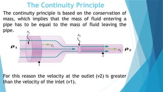 The Continuity Principle
The continuity principle is based on the conservation of
mass, which implies that the mass of fluid entering a
pipe has to be equal to the mass of fluid leaving the
pipe.
For this reason the velocity at the outlet (v2) is greater
than the velocity of the inlet (v1).
𝝆𝟏
𝝆𝟐
 