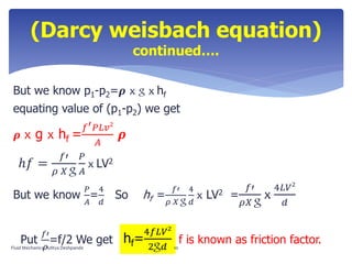But we know p1-p2=𝝆 x g x hf
equating value of (p1-p2) we get
𝝆 x g x hf =
𝑓′ 𝑃𝐿𝑣2
𝐴
𝝆
ℎ𝑓 =
𝑓′
𝜌 𝑋 g
𝑃
𝐴
x LV2
But we know
𝑃
𝐴
=
4
𝑑
So hf =
𝑓′
𝜌 𝑋 g
4
𝑑
x LV2 =
𝑓′
𝜌𝑋 g
x
4𝐿𝑉2
𝑑
Put
𝑓′
𝜌
=f/2 We get f is known as friction factor.
(Darcy weisbach equation)
continued….
hf=
4𝑓𝐿𝑉2
2g 𝑑Fluid Mechanics- Aditya Deshpande 10
 