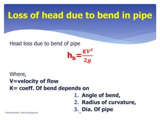 Head loss due to bend of pipe
hb=
𝑲𝑽 𝟐
𝟐𝒈
Where,
V=velocity of flow
K= coeff. Of bend depends on
1. Angle of bend,
2. Radius of curvature,
3. Dia. Of pipe
Loss of head due to bend in pipe
Fluid Mechanics- Aditya Deshpande 23
 