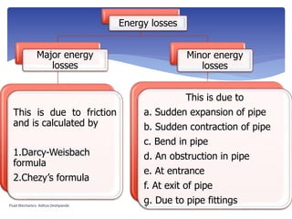 Energy losses
Major energy
losses
This is due to friction
and is calculated by
1.Darcy-Weisbach
formula
2.Chezy’s formula
Minor energy
losses
This is due to
a. Sudden expansion of pipe
b. Sudden contraction of pipe
c. Bend in pipe
d. An obstruction in pipe
e. At entrance
f. At exit of pipe
g. Due to pipe fittingsFluid Mechanics- Aditya Deshpande 4
 