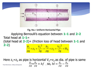 Applying Bernoulli’s equation between 1-1 and 2-2
Total head at 1-1=
(total head at 2-2)+ (friction loss of head between 1-1 and
2-2)
Here z1=z2 as pipe is horizontal V1=v2 as dia. of pipe is same
𝑝1
𝜌𝑔
=
𝑝2
𝜌𝑔
+ ℎ𝑓 so, hf =
𝑝1
𝜌𝑔
−
𝑝2
𝜌𝑔
L
2
2
2
2
2
1
1
1
H
g2
V
z
g
P
g2
V
z
g
P




Fig. No.1 Uniform Horizontal Pipe
Fluid Mechanics- Aditya Deshpande 7
 