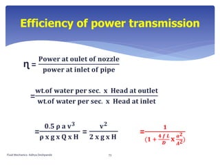 ɳ =
𝐏𝐨𝐰𝐞𝐫 𝐚𝐭 𝐨𝐮𝐥𝐞𝐭 𝐨𝐟 𝐧𝐨𝐳𝐳𝐥𝐞
𝐩𝐨𝐰𝐞𝐫 𝐚𝐭 𝐢𝐧𝐥𝐞𝐭 𝐨𝐟 𝐩𝐢𝐩𝐞
=
𝐰𝐭.𝐨𝐟 𝐰𝐚𝐭𝐞𝐫 𝐩𝐞𝐫 𝐬𝐞𝐜. 𝐱 𝐇𝐞𝐚𝐝 𝐚𝐭 𝐨𝐮𝐭𝐥𝐞𝐭
𝐰𝐭.𝐨𝐟 𝐰𝐚𝐭𝐞𝐫 𝐩𝐞𝐫 𝐬𝐞𝐜. 𝐱 𝐇𝐞𝐚𝐝 𝐚𝐭 𝐢𝐧𝐥𝐞𝐭
=
𝟎.𝟓 𝛒 𝐚 𝐯 𝟑
𝛒 𝐱 𝐠 𝐱 𝐐 𝐱 𝐇
=
𝐯 𝟐
𝟐 𝐱 𝐠 𝐱 𝐇
=
𝟏
(𝟏 +
𝟒 𝒇 𝑳
𝑫
𝐱
𝒂 𝟐
𝑨 𝟐)
Efficiency of power transmission
Fluid Mechanics- Aditya Deshpande 73
 