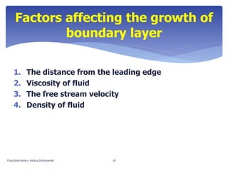 1. The distance from the leading edge
2. Viscosity of fluid
3. The free stream velocity
4. Density of fluid
Factors affecting the growth of
boundary layer
Fluid Mechanics- Aditya Deshpande 78
 