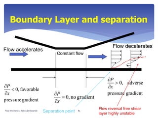 Boundary Layer and separation
gradientpressure
favorable,0


x
P
gradientno,0


x
P
0, adverse
pressure gradient
P
x



Flow accelerates
Flow decelerates
Constant flow
Flow reversal free shear
layer highly unstable
Separation pointFluid Mechanics- Aditya Deshpande 82
 