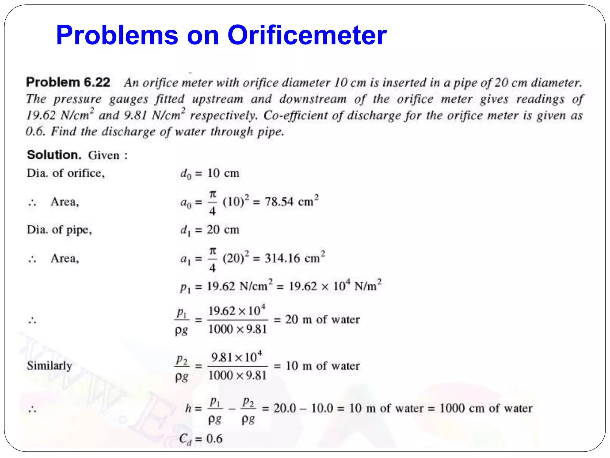 Fluid mechanics - Problems on Orificemeter and Inclined Venturimeter