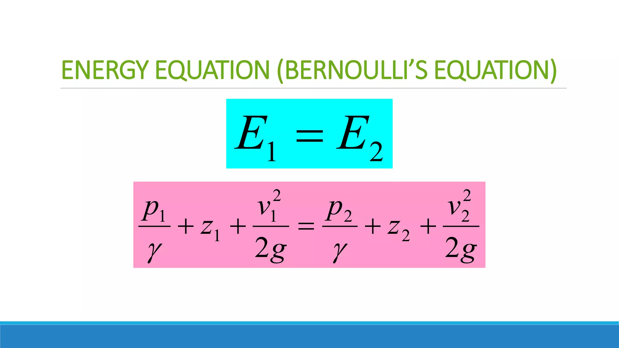 ENERGY EQUATION (BERNOULLI’S EQUATION)
2
1 E
E 
g
v
z
p
g
v
z
p
2
2
2
2
2
2
2
1
1
1







 
