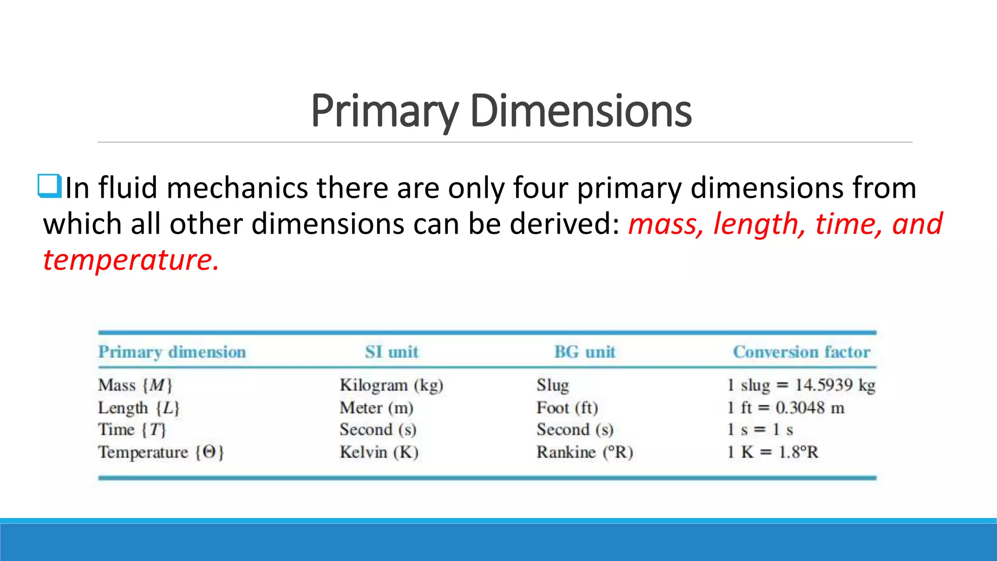 Primary Dimensions
In fluid mechanics there are only four primary dimensions from
which all other dimensions can be derived: mass, length, time, and
temperature.
 