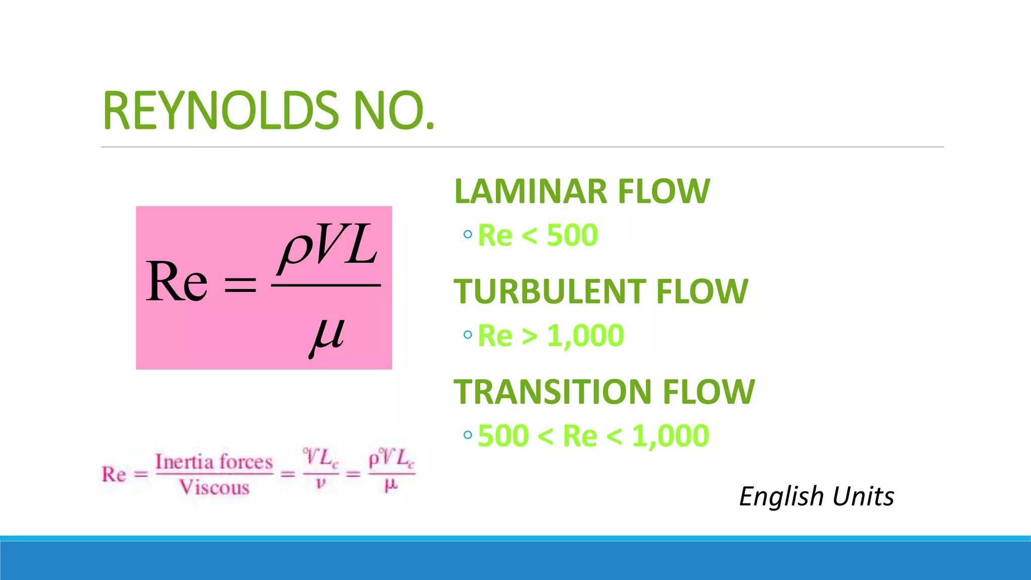 REYNOLDS NO.
LAMINAR FLOW
◦Re < 500
TURBULENT FLOW
◦Re > 1,000
TRANSITION FLOW
◦500 < Re < 1,000

VL

Re
English Units
 