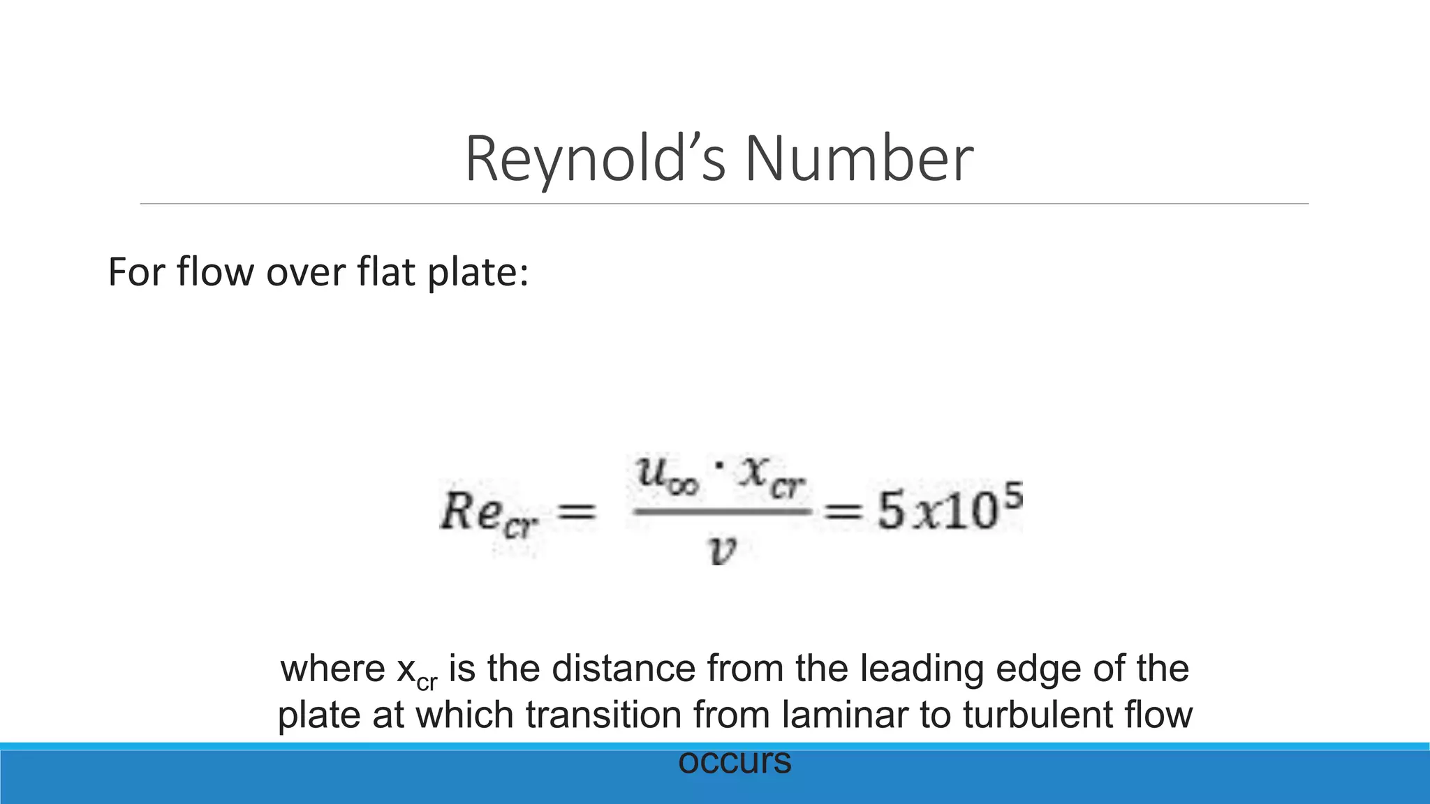 Reynold’s Number
For flow over flat plate:
where xcr is the distance from the leading edge of the
plate at which transition from laminar to turbulent flow
occurs
 