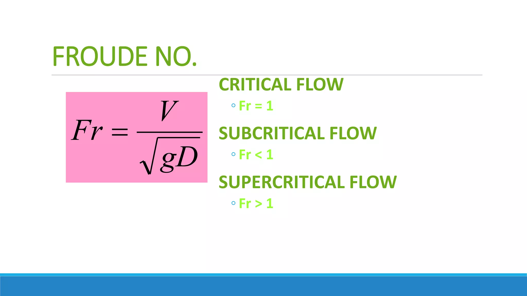 FROUDE NO.
CRITICAL FLOW
◦ Fr = 1
SUBCRITICAL FLOW
◦ Fr < 1
SUPERCRITICAL FLOW
◦ Fr > 1
gD
V
Fr 
 