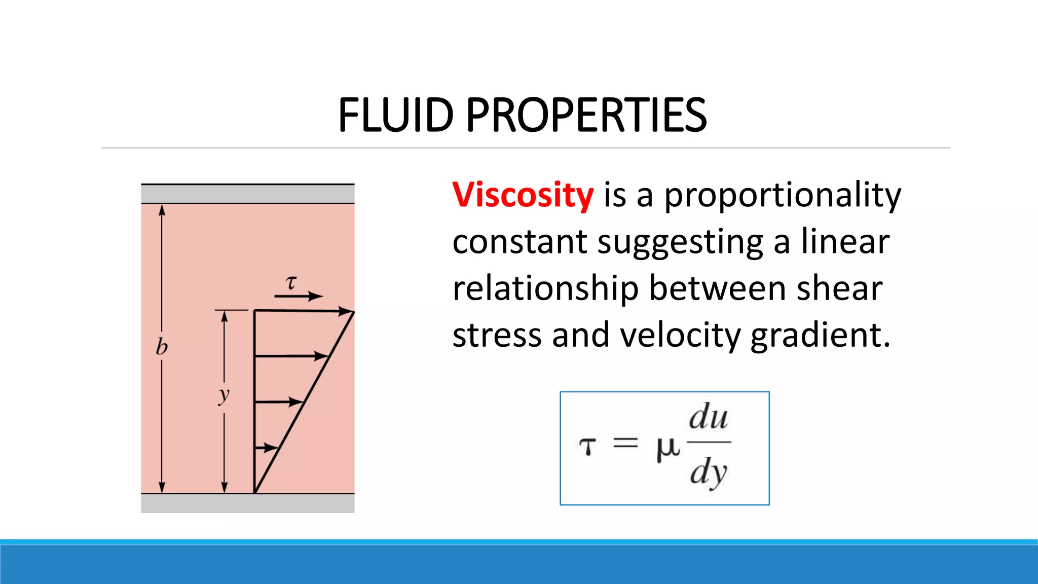 FLUID PROPERTIES
Viscosity is a proportionality
constant suggesting a linear
relationship between shear
stress and velocity gradient.
 