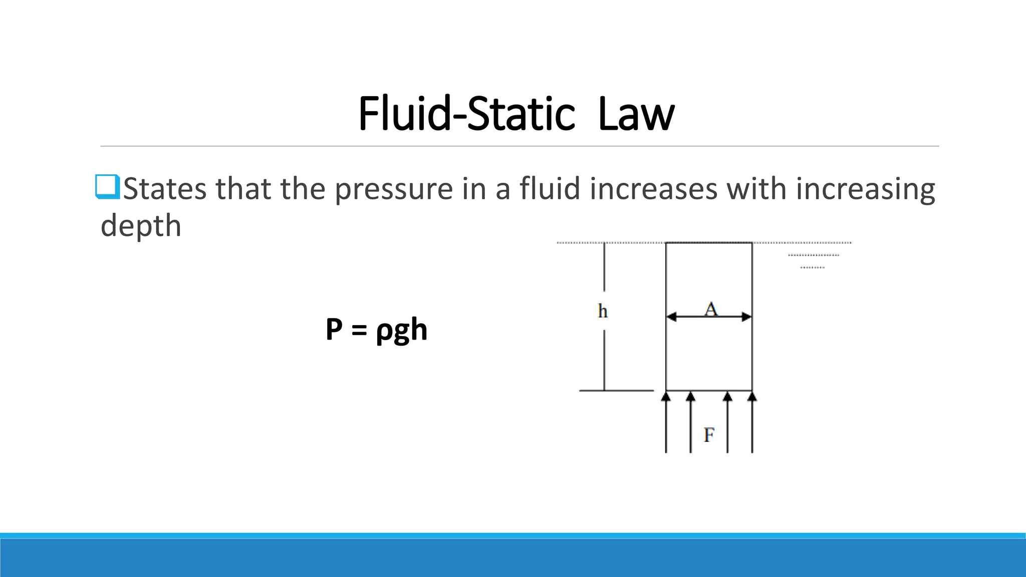 Fluid-Static Law
States that the pressure in a fluid increases with increasing
depth
P = ρgh
 