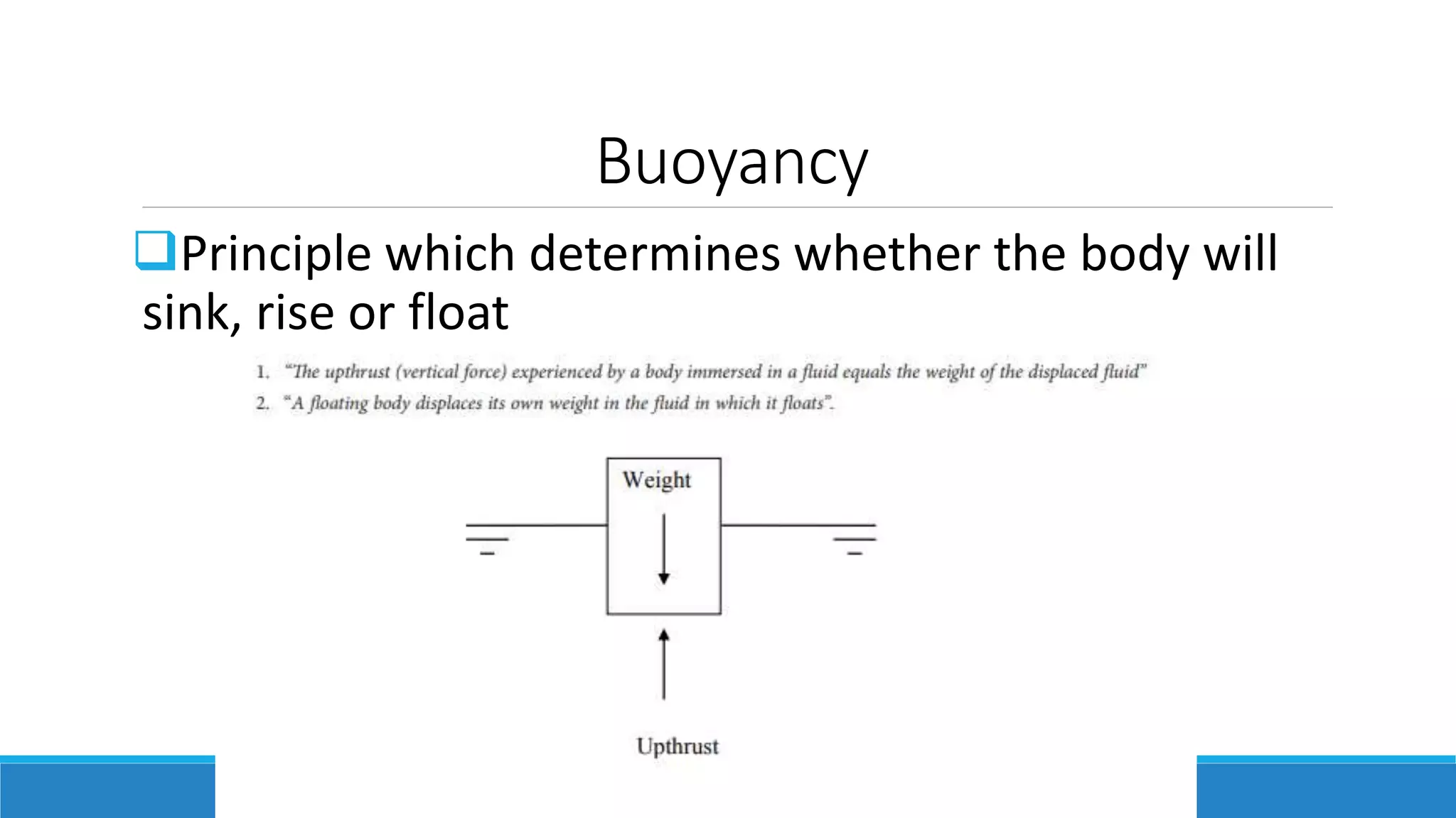 Buoyancy
Principle which determines whether the body will
sink, rise or float
 