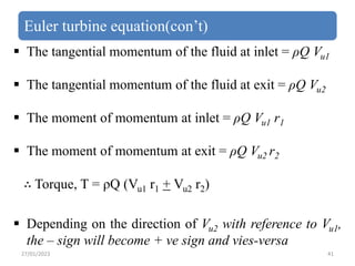 Euler turbine equation(con’t)
 The tangential momentum of the fluid at inlet = ρQ Vu1
 The tangential momentum of the fl...