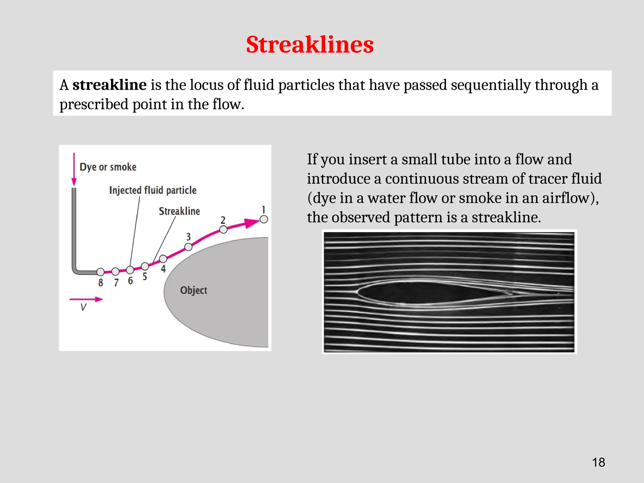 Streaklines
A streakline is the locus of fluid particles that have passed sequentially through a
prescribed point in the flow.
If you insert a small tube into a flow and
introduce a continuous stream of tracer fluid
(dye in a water flow or smoke in an airflow),
the observed pattern is a streakline.
18
 