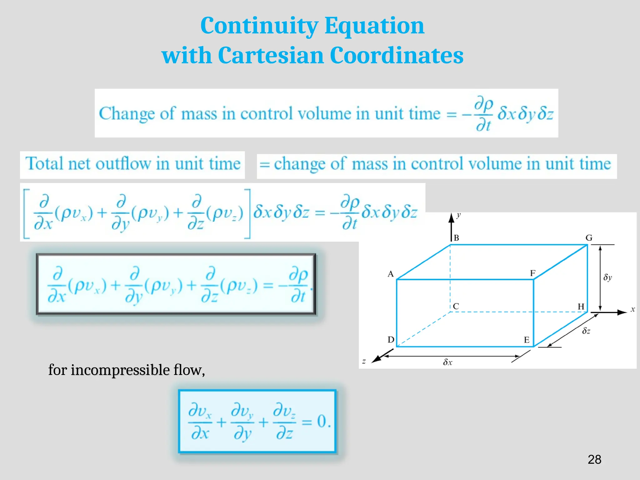 Continuity Equation
with Cartesian Coordinates
for incompressible
incompressible ﬂow,
28
 