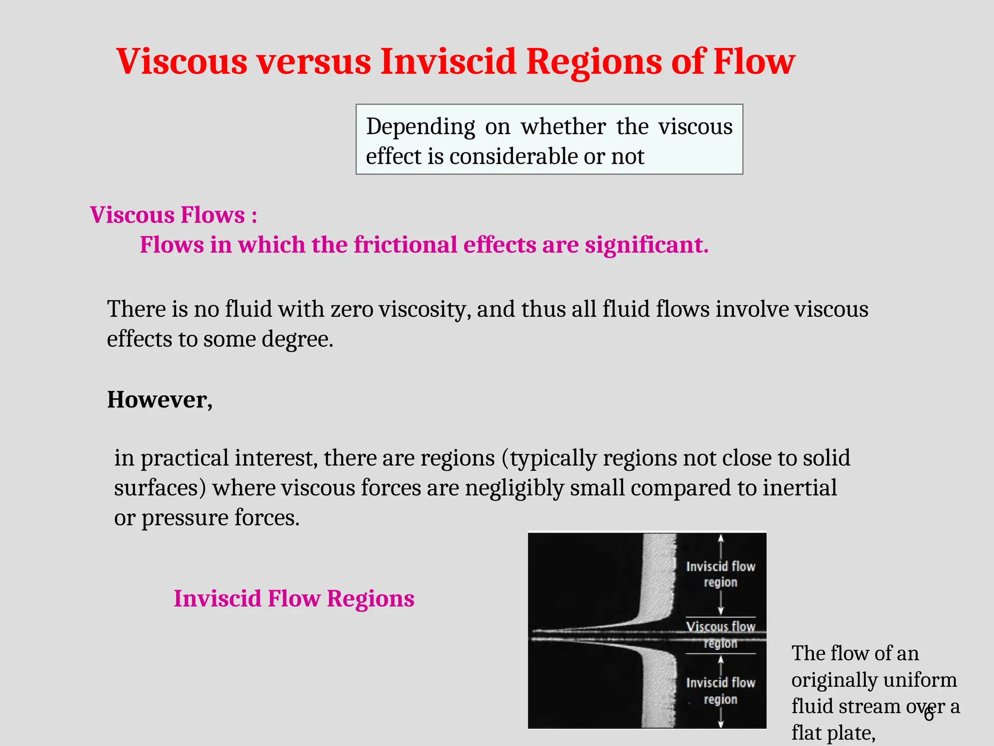 There is no fluid with zero viscosity, and thus all fluid flows involve viscous
effects to some degree.
Viscous versus Inviscid Regions of Flow
Viscous Flows :
Flows in which the frictional effects are significant.
However,
in practical interest, there are regions (typically regions not close to solid
surfaces) where viscous forces are negligibly small compared to inertial
or pressure forces.
Inviscid Flow Regions
The flow of an
originally uniform
fluid stream over a
flat plate,
Depending on whether the viscous
effect is considerable or not
6
 