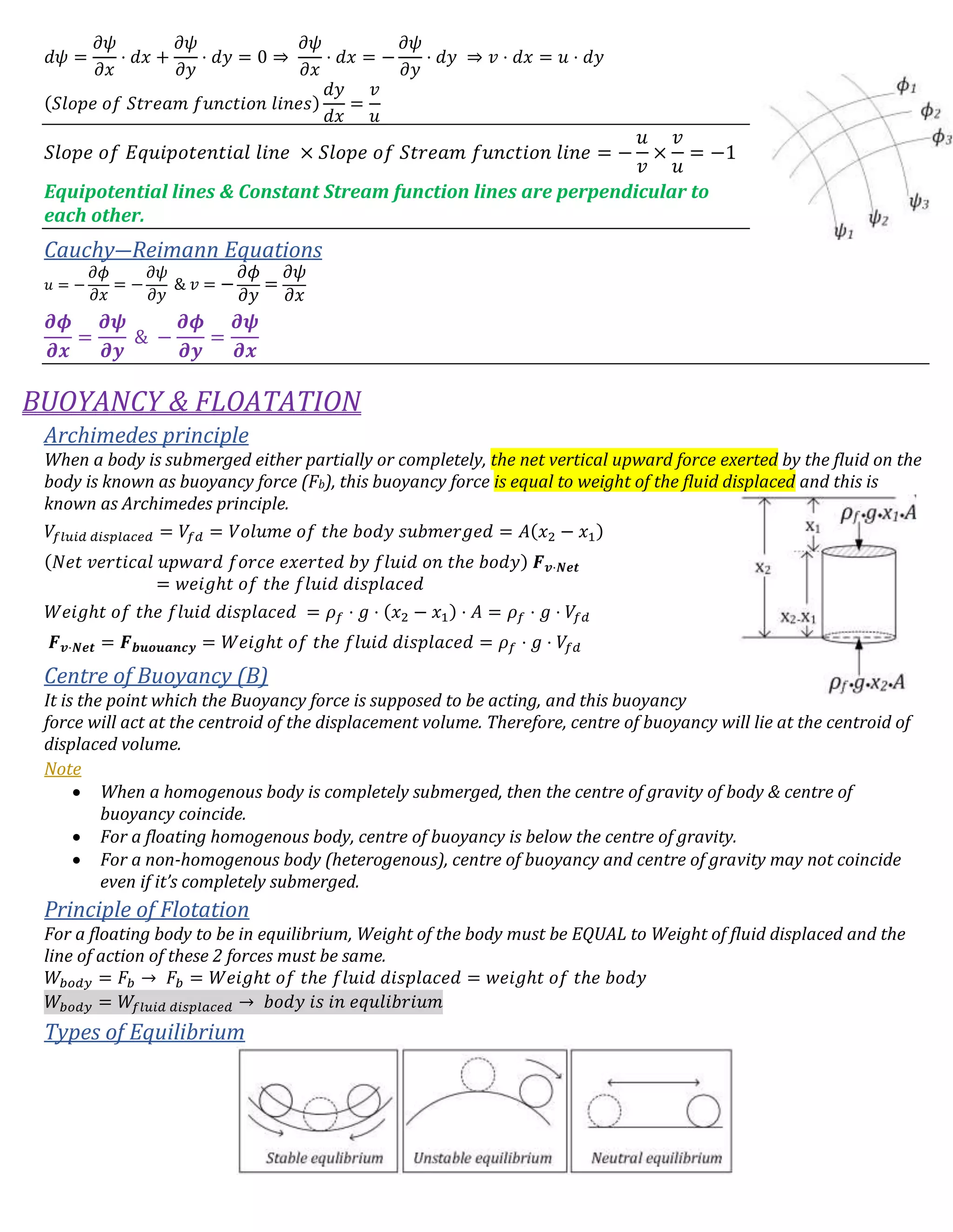 𝑑𝜓 =
𝜕𝜓
𝜕𝑥
⋅ 𝑑𝑥 +
𝜕𝜓
𝜕𝑦
⋅ 𝑑𝑦 = 0 ⇒
𝜕𝜓
𝜕𝑥
⋅ 𝑑𝑥 = −
𝜕𝜓
𝜕𝑦
⋅ 𝑑𝑦 ⇒ 𝑣 ⋅ 𝑑𝑥 = 𝑢 ⋅ 𝑑𝑦
(𝑆𝑙𝑜𝑝𝑒 𝑜𝑓 𝑆𝑡𝑟𝑒𝑎𝑚 𝑓𝑢𝑛𝑐𝑡𝑖𝑜𝑛 𝑙𝑖𝑛𝑒𝑠)
𝑑𝑦
𝑑𝑥
=
𝑣
𝑢
𝑆𝑙𝑜𝑝𝑒 𝑜𝑓 𝐸𝑞𝑢𝑖𝑝𝑜𝑡𝑒𝑛𝑡𝑖𝑎𝑙 𝑙𝑖𝑛𝑒 × 𝑆𝑙𝑜𝑝𝑒 𝑜𝑓 𝑆𝑡𝑟𝑒𝑎𝑚 𝑓𝑢𝑛𝑐𝑡𝑖𝑜𝑛 𝑙𝑖𝑛𝑒 = −
𝑢
𝑣
×
𝑣
𝑢
= −1
Equipotential lines & Constant Stream function lines are perpendicular to
each other.
Cauchy―Reimann Equations
𝑢 = −
𝜕𝜙
𝜕𝑥
= −
𝜕𝜓
𝜕𝑦
& 𝑣 = −
𝜕𝜙
𝜕𝑦
=
𝜕𝜓
𝜕𝑥
𝝏𝝓
𝝏𝒙
=
𝝏𝝍
𝝏𝒚
& −
𝝏𝝓
𝝏𝒚
=
𝝏𝝍
𝝏𝒙
BUOYANCY & FLOATATION
Archimedes principle
When a body is submerged either partially or completely, the net vertical upward force exerted by the fluid on the
body is known as buoyancy force (Fb), this buoyancy force is equal to weight of the fluid displaced and this is
known as Archimedes principle.
𝑉𝑓𝑙𝑢𝑖𝑑 𝑑𝑖𝑠𝑝𝑙𝑎𝑐𝑒𝑑 = 𝑉𝑓𝑑 = 𝑉𝑜𝑙𝑢𝑚𝑒 𝑜𝑓 𝑡ℎ𝑒 𝑏𝑜𝑑𝑦 𝑠𝑢𝑏𝑚𝑒𝑟𝑔𝑒𝑑 = 𝐴(𝑥2 − 𝑥1)
(𝑁𝑒𝑡 𝑣𝑒𝑟𝑡𝑖𝑐𝑎𝑙 𝑢𝑝𝑤𝑎𝑟𝑑 𝑓𝑜𝑟𝑐𝑒 𝑒𝑥𝑒𝑟𝑡𝑒𝑑 𝑏𝑦 𝑓𝑙𝑢𝑖𝑑 𝑜𝑛 𝑡ℎ𝑒 𝑏𝑜𝑑𝑦) 𝑭 𝒗⋅𝑵𝒆𝒕
= 𝑤𝑒𝑖𝑔ℎ𝑡 𝑜𝑓 𝑡ℎ𝑒 𝑓𝑙𝑢𝑖𝑑 𝑑𝑖𝑠𝑝𝑙𝑎𝑐𝑒𝑑
𝑊𝑒𝑖𝑔ℎ𝑡 𝑜𝑓 𝑡ℎ𝑒 𝑓𝑙𝑢𝑖𝑑 𝑑𝑖𝑠𝑝𝑙𝑎𝑐𝑒𝑑 = 𝜌 𝑓 ⋅ 𝑔 ⋅ (𝑥2 − 𝑥1) ⋅ 𝐴 = 𝜌 𝑓 ⋅ 𝑔 ⋅ 𝑉𝑓𝑑
𝑭 𝒗⋅𝑵𝒆𝒕 = 𝑭 𝒃𝒖𝒐𝒖𝒂𝒏𝒄𝒚 = 𝑊𝑒𝑖𝑔ℎ𝑡 𝑜𝑓 𝑡ℎ𝑒 𝑓𝑙𝑢𝑖𝑑 𝑑𝑖𝑠𝑝𝑙𝑎𝑐𝑒𝑑 = 𝜌 𝑓 ⋅ 𝑔 ⋅ 𝑉𝑓𝑑
Centre of Buoyancy (B)
It is the point which the Buoyancy force is supposed to be acting, and this buoyancy
force will act at the centroid of the displacement volume. Therefore, centre of buoyancy will lie at the centroid of
displaced volume.
Note
 When a homogenous body is completely submerged, then the centre of gravity of body & centre of
buoyancy coincide.
 For a floating homogenous body, centre of buoyancy is below the centre of gravity.
 For a non-homogenous body (heterogenous), centre of buoyancy and centre of gravity may not coincide
even if it’s completely submerged.
Principle of Flotation
For a floating body to be in equilibrium, Weight of the body must be EQUAL to Weight of fluid displaced and the
line of action of these 2 forces must be same.
𝑊𝑏𝑜𝑑𝑦 = 𝐹𝑏 → 𝐹𝑏 = 𝑊𝑒𝑖𝑔ℎ𝑡 𝑜𝑓 𝑡ℎ𝑒 𝑓𝑙𝑢𝑖𝑑 𝑑𝑖𝑠𝑝𝑙𝑎𝑐𝑒𝑑 = 𝑤𝑒𝑖𝑔ℎ𝑡 𝑜𝑓 𝑡ℎ𝑒 𝑏𝑜𝑑𝑦
𝑊𝑏𝑜𝑑𝑦 = 𝑊𝑓𝑙𝑢𝑖𝑑 𝑑𝑖𝑠𝑝𝑙𝑎𝑐𝑒𝑑 → 𝑏𝑜𝑑𝑦 𝑖𝑠 𝑖𝑛 𝑒𝑞𝑢𝑙𝑖𝑏𝑟𝑖𝑢𝑚
Types of Equilibrium
 