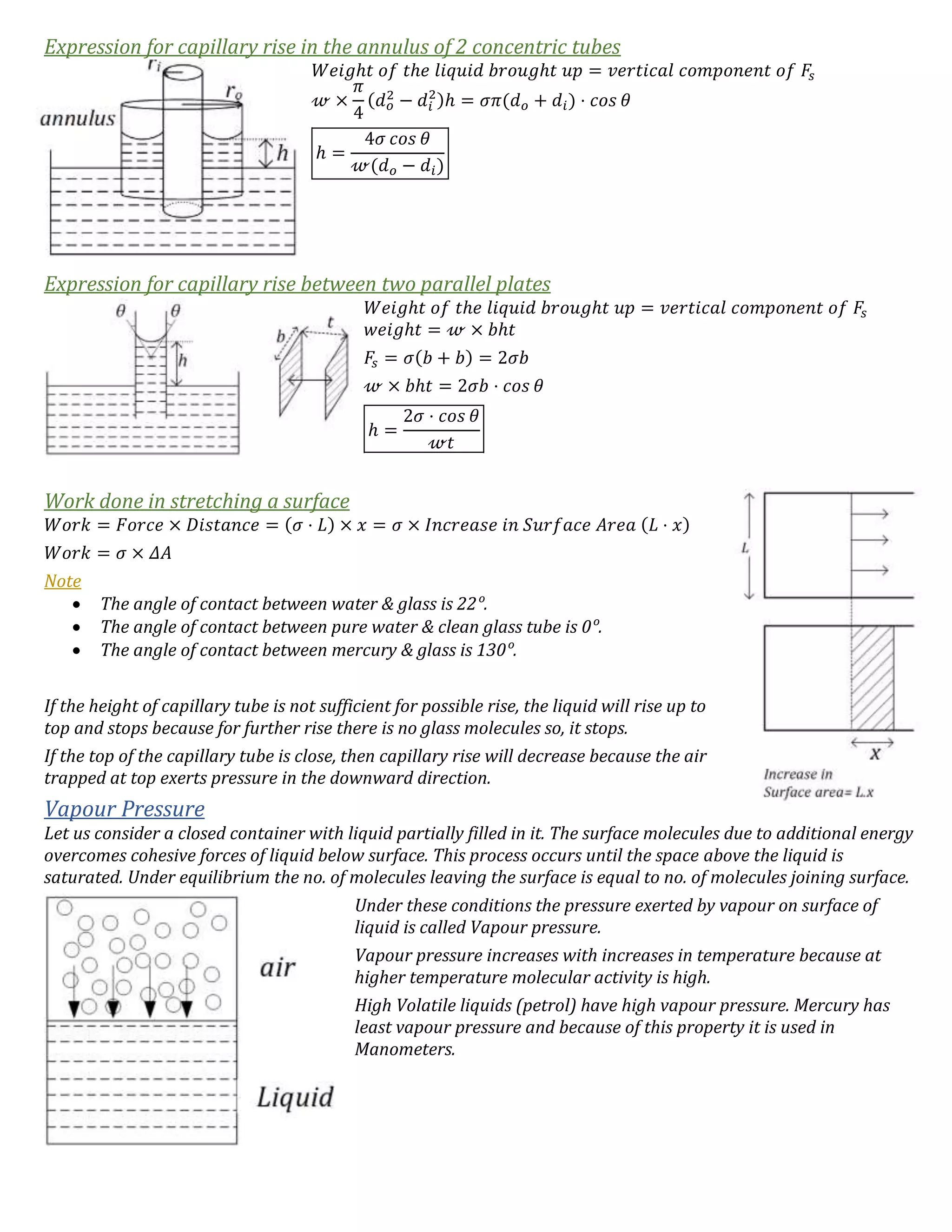 Expression for capillary rise in the annulus of 2 concentric tubes
𝑊𝑒𝑖𝑔ℎ𝑡 𝑜𝑓 𝑡ℎ𝑒 𝑙𝑖𝑞𝑢𝑖𝑑 𝑏𝑟𝑜𝑢𝑔ℎ𝑡 𝑢𝑝 = 𝑣𝑒𝑟𝑡𝑖𝑐𝑎𝑙 𝑐𝑜𝑚𝑝𝑜𝑛𝑒𝑛𝑡 𝑜𝑓 𝐹𝑠
𝓌 ×
𝜋
4
(𝑑 𝑜
2
− 𝑑𝑖
2
)ℎ = 𝜎𝜋(𝑑 𝑜 + 𝑑𝑖) ⋅ 𝑐𝑜𝑠 𝜃
ℎ =
4𝜎 𝑐𝑜𝑠 𝜃
𝓌(𝑑 𝑜 − 𝑑𝑖)
Expression for capillary rise between two parallel plates
𝑊𝑒𝑖𝑔ℎ𝑡 𝑜𝑓 𝑡ℎ𝑒 𝑙𝑖𝑞𝑢𝑖𝑑 𝑏𝑟𝑜𝑢𝑔ℎ𝑡 𝑢𝑝 = 𝑣𝑒𝑟𝑡𝑖𝑐𝑎𝑙 𝑐𝑜𝑚𝑝𝑜𝑛𝑒𝑛𝑡 𝑜𝑓 𝐹𝑠
𝑤𝑒𝑖𝑔ℎ𝑡 = 𝓌 × 𝑏ℎ𝑡
𝐹𝑠 = 𝜎(𝑏 + 𝑏) = 2𝜎𝑏
𝓌 × 𝑏ℎ𝑡 = 2𝜎𝑏 ⋅ 𝑐𝑜𝑠 𝜃
ℎ =
2𝜎 ⋅ 𝑐𝑜𝑠 𝜃
𝓌𝑡
Work done in stretching a surface
𝑊𝑜𝑟𝑘 = 𝐹𝑜𝑟𝑐𝑒 × 𝐷𝑖𝑠𝑡𝑎𝑛𝑐𝑒 = (𝜎 ⋅ 𝐿) × 𝑥 = 𝜎 × 𝐼𝑛𝑐𝑟𝑒𝑎𝑠𝑒 𝑖𝑛 𝑆𝑢𝑟𝑓𝑎𝑐𝑒 𝐴𝑟𝑒𝑎 (𝐿 ⋅ 𝑥)
𝑊𝑜𝑟𝑘 = 𝜎 × 𝛥𝐴
Note
 The angle of contact between water & glass is 22ᵒ.
 The angle of contact between pure water & clean glass tube is 0ᵒ.
 The angle of contact between mercury & glass is 130ᵒ.
If the height of capillary tube is not sufficient for possible rise, the liquid will rise up to
top and stops because for further rise there is no glass molecules so, it stops.
If the top of the capillary tube is close, then capillary rise will decrease because the air
trapped at top exerts pressure in the downward direction.
Vapour Pressure
Let us consider a closed container with liquid partially filled in it. The surface molecules due to additional energy
overcomes cohesive forces of liquid below surface. This process occurs until the space above the liquid is
saturated. Under equilibrium the no. of molecules leaving the surface is equal to no. of molecules joining surface.
Under these conditions the pressure exerted by vapour on surface of
liquid is called Vapour pressure.
Vapour pressure increases with increases in temperature because at
higher temperature molecular activity is high.
High Volatile liquids (petrol) have high vapour pressure. Mercury has
least vapour pressure and because of this property it is used in
Manometers.
 