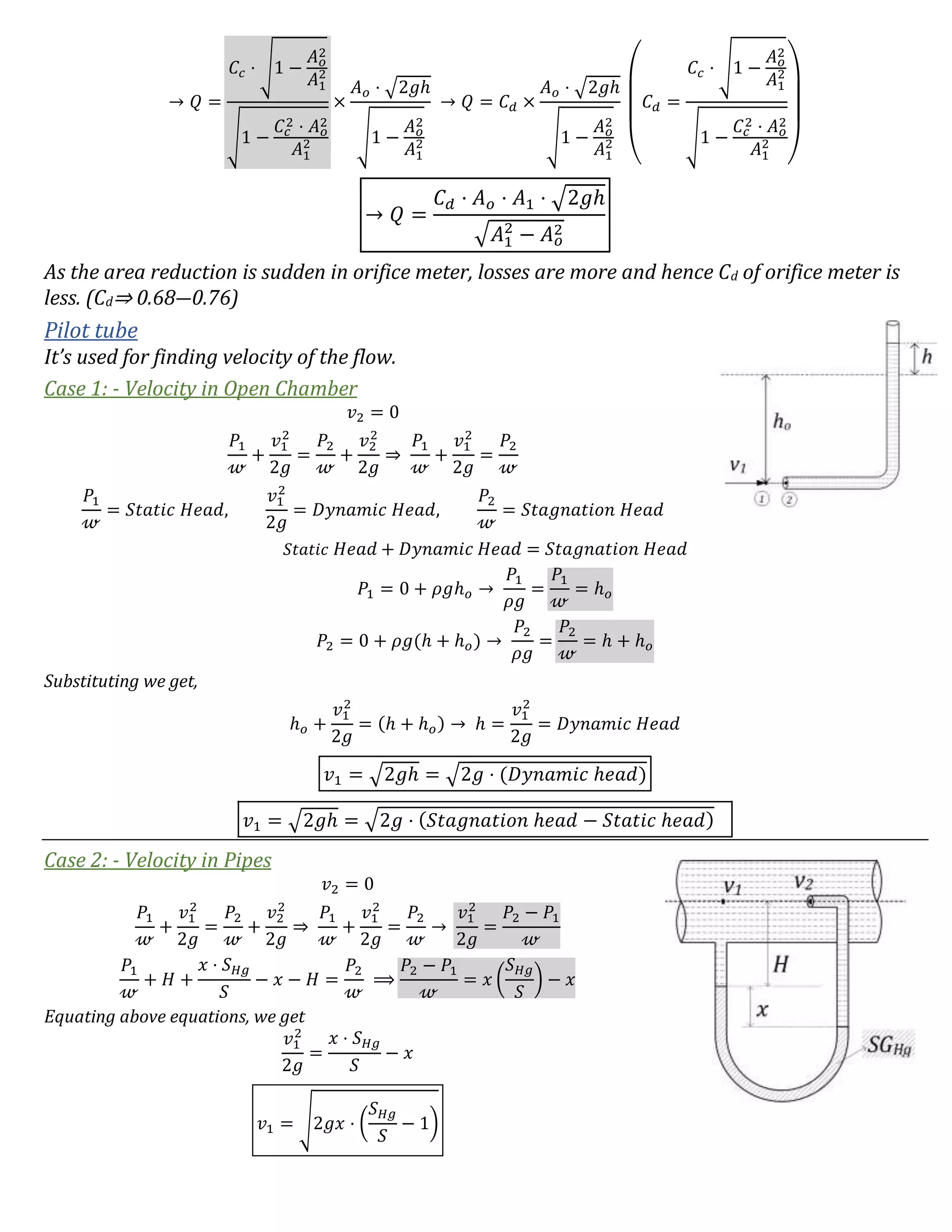 → 𝑄 =
𝐶𝑐 ⋅ √1 −
𝐴 𝑜
2
𝐴1
2
√1 −
𝐶𝑐
2 ⋅ 𝐴 𝑜
2
𝐴1
2
×
𝐴 𝑜 ⋅ √2𝑔ℎ
√1 −
𝐴 𝑜
2
𝐴1
2
→ 𝑄 = 𝐶 𝑑 ×
𝐴 𝑜 ⋅ √2𝑔ℎ
√1 −
𝐴 𝑜
2
𝐴1
2
(
𝐶 𝑑 =
𝐶𝑐 ⋅ √1 −
𝐴 𝑜
2
𝐴1
2
√1 −
𝐶𝑐
2 ⋅ 𝐴 𝑜
2
𝐴1
2
)
→ 𝑄 =
𝐶 𝑑 ⋅ 𝐴 𝑜 ⋅ 𝐴1 ⋅ √2𝑔ℎ
√𝐴1
2
− 𝐴 𝑜
2
As the area reduction is sudden in orifice meter, losses are more and hence Cd of orifice meter is
less. (Cd⇒ 0.68―0.76)
Pilot tube
It’s used for finding velocity of the flow.
Case 1: - Velocity in Open Chamber
𝑣2 = 0
𝑃1
𝓌
+
𝑣1
2
2𝑔
=
𝑃2
𝓌
+
𝑣2
2
2𝑔
⇒
𝑃1
𝓌
+
𝑣1
2
2𝑔
=
𝑃2
𝓌
𝑃1
𝓌
= 𝑆𝑡𝑎𝑡𝑖𝑐 𝐻𝑒𝑎𝑑,
𝑣1
2
2𝑔
= 𝐷𝑦𝑛𝑎𝑚𝑖𝑐 𝐻𝑒𝑎𝑑,
𝑃2
𝓌
= 𝑆𝑡𝑎𝑔𝑛𝑎𝑡𝑖𝑜𝑛 𝐻𝑒𝑎𝑑
𝑆𝑡𝑎𝑡𝑖𝑐 𝐻𝑒𝑎𝑑 + 𝐷𝑦𝑛𝑎𝑚𝑖𝑐 𝐻𝑒𝑎𝑑 = 𝑆𝑡𝑎𝑔𝑛𝑎𝑡𝑖𝑜𝑛 𝐻𝑒𝑎𝑑
𝑃1 = 0 + 𝜌𝑔ℎ 𝑜 →
𝑃1
𝜌𝑔
=
𝑃1
𝓌
= ℎ 𝑜
𝑃2 = 0 + 𝜌𝑔(ℎ + ℎ 𝑜) →
𝑃2
𝜌𝑔
=
𝑃2
𝓌
= ℎ + ℎ 𝑜
Substituting we get,
ℎ 𝑜 +
𝑣1
2
2𝑔
= (ℎ + ℎ 𝑜) → ℎ =
𝑣1
2
2𝑔
= 𝐷𝑦𝑛𝑎𝑚𝑖𝑐 𝐻𝑒𝑎𝑑
𝑣1 = √2𝑔ℎ = √2𝑔 ⋅ (𝐷𝑦𝑛𝑎𝑚𝑖𝑐 ℎ𝑒𝑎𝑑)
𝑣1 = √2𝑔ℎ = √2𝑔 ⋅ ( 𝑆𝑡𝑎𝑔𝑛𝑎𝑡𝑖𝑜𝑛 ℎ𝑒𝑎𝑑 − 𝑆𝑡𝑎𝑡𝑖𝑐 ℎ𝑒𝑎𝑑)
Case 2: - Velocity in Pipes
𝑣2 = 0
𝑃1
𝓌
+
𝑣1
2
2𝑔
=
𝑃2
𝓌
+
𝑣2
2
2𝑔
⇒
𝑃1
𝓌
+
𝑣1
2
2𝑔
=
𝑃2
𝓌
→
𝑣1
2
2𝑔
=
𝑃2 − 𝑃1
𝓌
𝑃1
𝓌
+ 𝐻 +
𝑥 ⋅ 𝑆 𝐻𝑔
𝑆
− 𝑥 − 𝐻 =
𝑃2
𝓌
⟹
𝑃2 − 𝑃1
𝓌
= 𝑥 (
𝑆 𝐻𝑔
𝑆
) − 𝑥
Equating above equations, we get
𝑣1
2
2𝑔
=
𝑥 ⋅ 𝑆 𝐻𝑔
𝑆
− 𝑥
𝑣1 = √2𝑔𝑥 ⋅ (
𝑆 𝐻𝑔
𝑆
− 1)
 