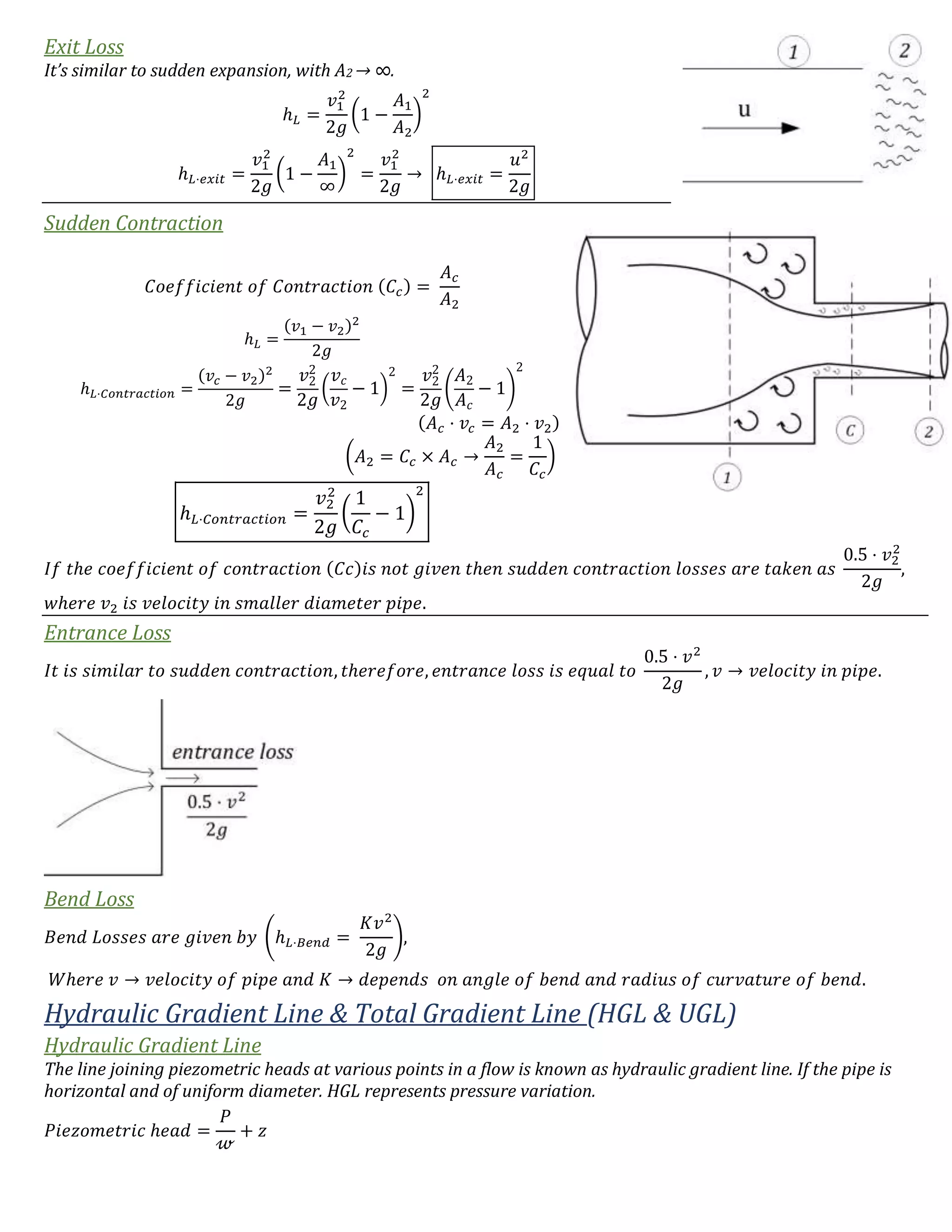 Exit Loss
It’s similar to sudden expansion, with A2 → ∞.
ℎ 𝐿 =
𝑣1
2
2𝑔
(1 −
𝐴1
𝐴2
)
2
ℎ 𝐿⋅𝑒𝑥𝑖𝑡 =
𝑣1
2
2𝑔
(1 −
𝐴1
∞
)
2
=
𝑣1
2
2𝑔
→ ℎ 𝐿⋅𝑒𝑥𝑖𝑡 =
𝑢2
2𝑔
Sudden Contraction
𝐶𝑜𝑒𝑓𝑓𝑖𝑐𝑖𝑒𝑛𝑡 𝑜𝑓 𝐶𝑜𝑛𝑡𝑟𝑎𝑐𝑡𝑖𝑜𝑛 (𝐶𝑐) =
𝐴 𝑐
𝐴2
ℎ 𝐿 =
(𝑣1 − 𝑣2)2
2𝑔
ℎ 𝐿⋅𝐶𝑜𝑛𝑡𝑟𝑎𝑐𝑡𝑖𝑜𝑛 =
(𝑣𝑐 − 𝑣2)2
2𝑔
=
𝑣2
2
2𝑔
(
𝑣 𝑐
𝑣2
− 1)
2
=
𝑣2
2
2𝑔
(
𝐴2
𝐴 𝑐
− 1)
2
(𝐴 𝑐 ⋅ 𝑣𝑐 = 𝐴2 ⋅ 𝑣2)
(𝐴2 = 𝐶𝑐 × 𝐴 𝑐 →
𝐴2
𝐴 𝑐
=
1
𝐶𝑐
)
ℎ 𝐿⋅𝐶𝑜𝑛𝑡𝑟𝑎𝑐𝑡𝑖𝑜𝑛 =
𝑣2
2
2𝑔
(
1
𝐶𝑐
− 1)
2
𝐼𝑓 𝑡ℎ𝑒 𝑐𝑜𝑒𝑓𝑓𝑖𝑐𝑖𝑒𝑛𝑡 𝑜𝑓 𝑐𝑜𝑛𝑡𝑟𝑎𝑐𝑡𝑖𝑜𝑛 (𝐶𝑐)𝑖𝑠 𝑛𝑜𝑡 𝑔𝑖𝑣𝑒𝑛 𝑡ℎ𝑒𝑛 𝑠𝑢𝑑𝑑𝑒𝑛 𝑐𝑜𝑛𝑡𝑟𝑎𝑐𝑡𝑖𝑜𝑛 𝑙𝑜𝑠𝑠𝑒𝑠 𝑎𝑟𝑒 𝑡𝑎𝑘𝑒𝑛 𝑎𝑠
0.5 ⋅ 𝑣2
2
2𝑔
,
𝑤ℎ𝑒𝑟𝑒 𝑣2 𝑖𝑠 𝑣𝑒𝑙𝑜𝑐𝑖𝑡𝑦 𝑖𝑛 𝑠𝑚𝑎𝑙𝑙𝑒𝑟 𝑑𝑖𝑎𝑚𝑒𝑡𝑒𝑟 𝑝𝑖𝑝𝑒.
Entrance Loss
𝐼𝑡 𝑖𝑠 𝑠𝑖𝑚𝑖𝑙𝑎𝑟 𝑡𝑜 𝑠𝑢𝑑𝑑𝑒𝑛 𝑐𝑜𝑛𝑡𝑟𝑎𝑐𝑡𝑖𝑜𝑛, 𝑡ℎ𝑒𝑟𝑒𝑓𝑜𝑟𝑒, 𝑒𝑛𝑡𝑟𝑎𝑛𝑐𝑒 𝑙𝑜𝑠𝑠 𝑖𝑠 𝑒𝑞𝑢𝑎𝑙 𝑡𝑜
0.5 ⋅ 𝑣2
2𝑔
, 𝑣 → 𝑣𝑒𝑙𝑜𝑐𝑖𝑡𝑦 𝑖𝑛 𝑝𝑖𝑝𝑒.
Bend Loss
𝐵𝑒𝑛𝑑 𝐿𝑜𝑠𝑠𝑒𝑠 𝑎𝑟𝑒 𝑔𝑖𝑣𝑒𝑛 𝑏𝑦 (ℎ 𝐿⋅𝐵𝑒𝑛𝑑 =
𝐾𝑣2
2𝑔
),
𝑊ℎ𝑒𝑟𝑒 𝑣 → 𝑣𝑒𝑙𝑜𝑐𝑖𝑡𝑦 𝑜𝑓 𝑝𝑖𝑝𝑒 𝑎𝑛𝑑 𝐾 → 𝑑𝑒𝑝𝑒𝑛𝑑𝑠 𝑜𝑛 𝑎𝑛𝑔𝑙𝑒 𝑜𝑓 𝑏𝑒𝑛𝑑 𝑎𝑛𝑑 𝑟𝑎𝑑𝑖𝑢𝑠 𝑜𝑓 𝑐𝑢𝑟𝑣𝑎𝑡𝑢𝑟𝑒 𝑜𝑓 𝑏𝑒𝑛𝑑.
Hydraulic Gradient Line & Total Gradient Line (HGL & UGL)
Hydraulic Gradient Line
The line joining piezometric heads at various points in a flow is known as hydraulic gradient line. If the pipe is
horizontal and of uniform diameter. HGL represents pressure variation.
𝑃𝑖𝑒𝑧𝑜𝑚𝑒𝑡𝑟𝑖𝑐 ℎ𝑒𝑎𝑑 =
𝑃
𝓌
+ 𝑧
 