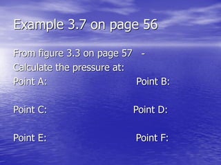 Example 3.7 on page 56
From figure 3.3 on page 57 -
Calculate the pressure at:
Point A: Point B:
Point C: Point D:
Point E: Point F:
 
