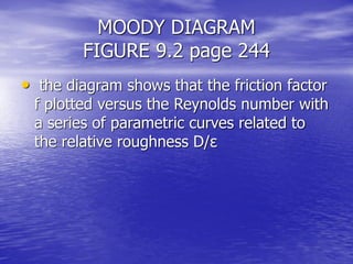 MOODY DIAGRAM
FIGURE 9.2 page 244
• the diagram shows that the friction factor
f plotted versus the Reynolds number with
a series of parametric curves related to
the relative roughness D/ε
 
