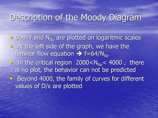 Description of the Moody Diagram
• Both f and NRe are plotted on logaritmic scales
• At the left side of the graph, we have the
laminar flow equation  f=64/NRe
• In the critical region 2000<NRe< 4000 , there
is no plot, the behavior can not be predicted
• Beyond 4000, the family of curves for different
values of D/ε are plotted
 