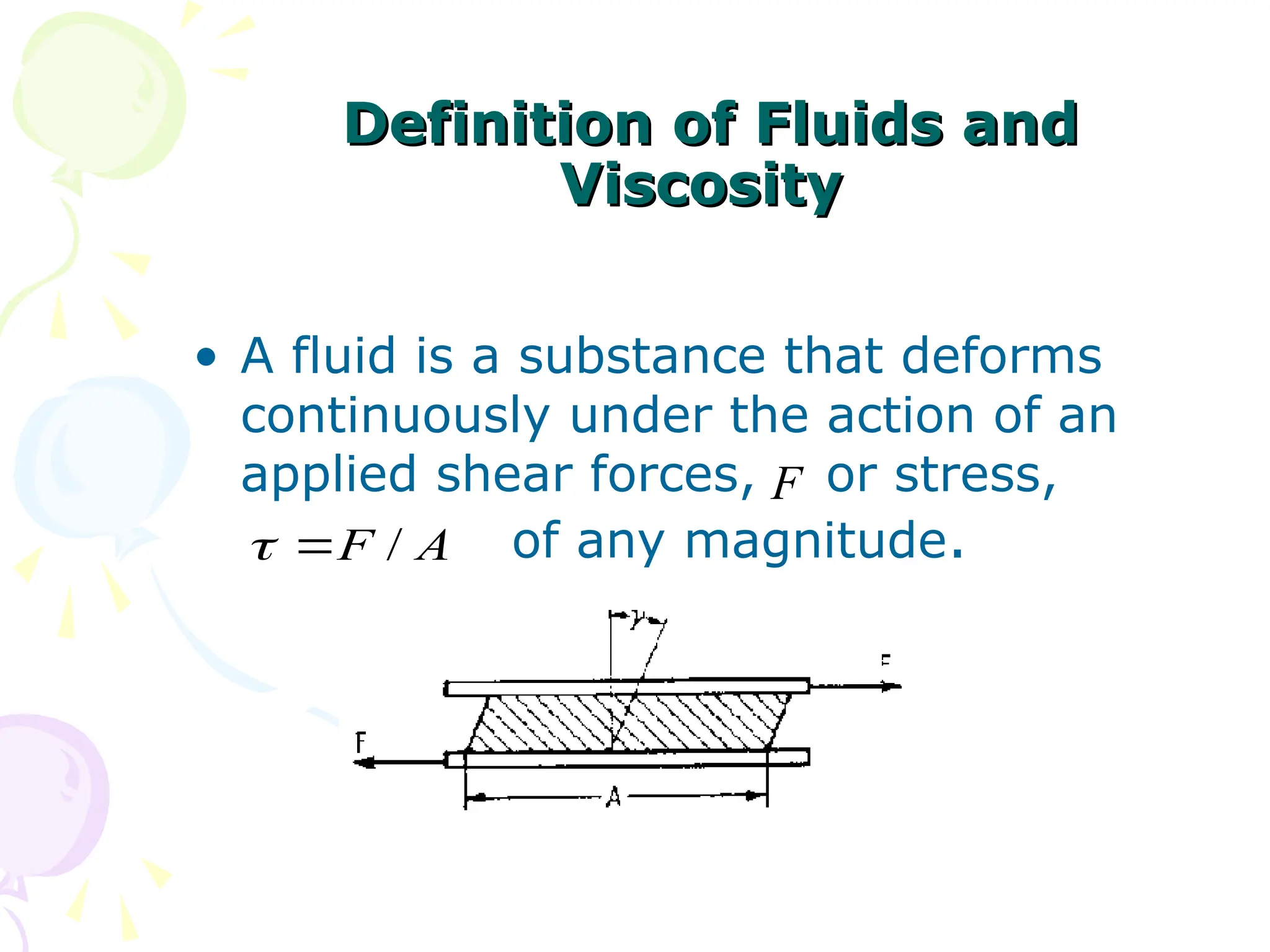 Definition of Fluids and
Definition of Fluids and
Viscosity
Viscosity
• A fluid is a substance that deforms
continuously under the action of an
applied shear forces, or stress,
of any magnitude.
A
F /


F
 