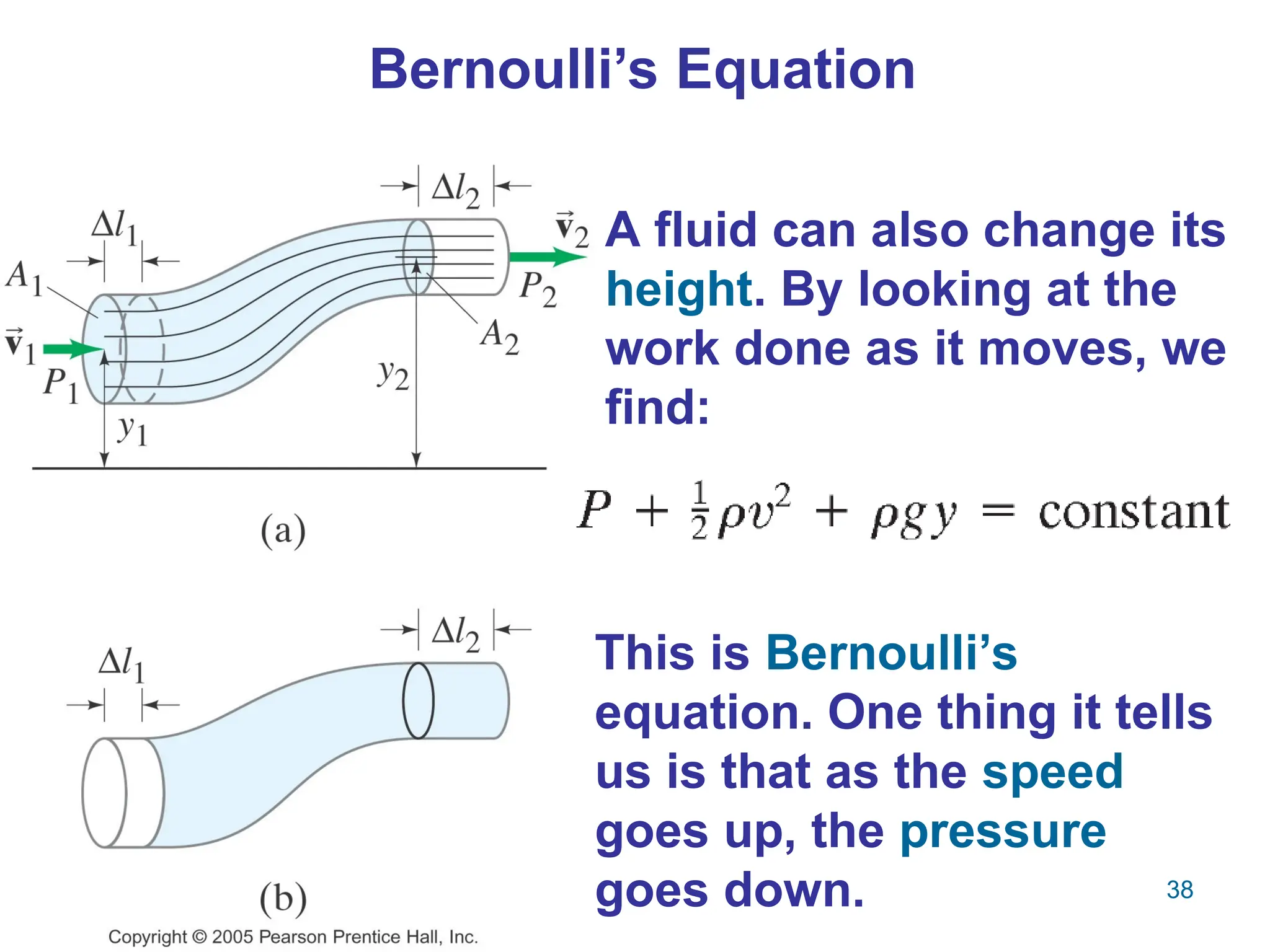 38
Bernoulli’s Equation
A fluid can also change its
height. By looking at the
work done as it moves, we
find:
This is Bernoulli’s
equation. One thing it tells
us is that as the speed
goes up, the pressure
goes down.
 