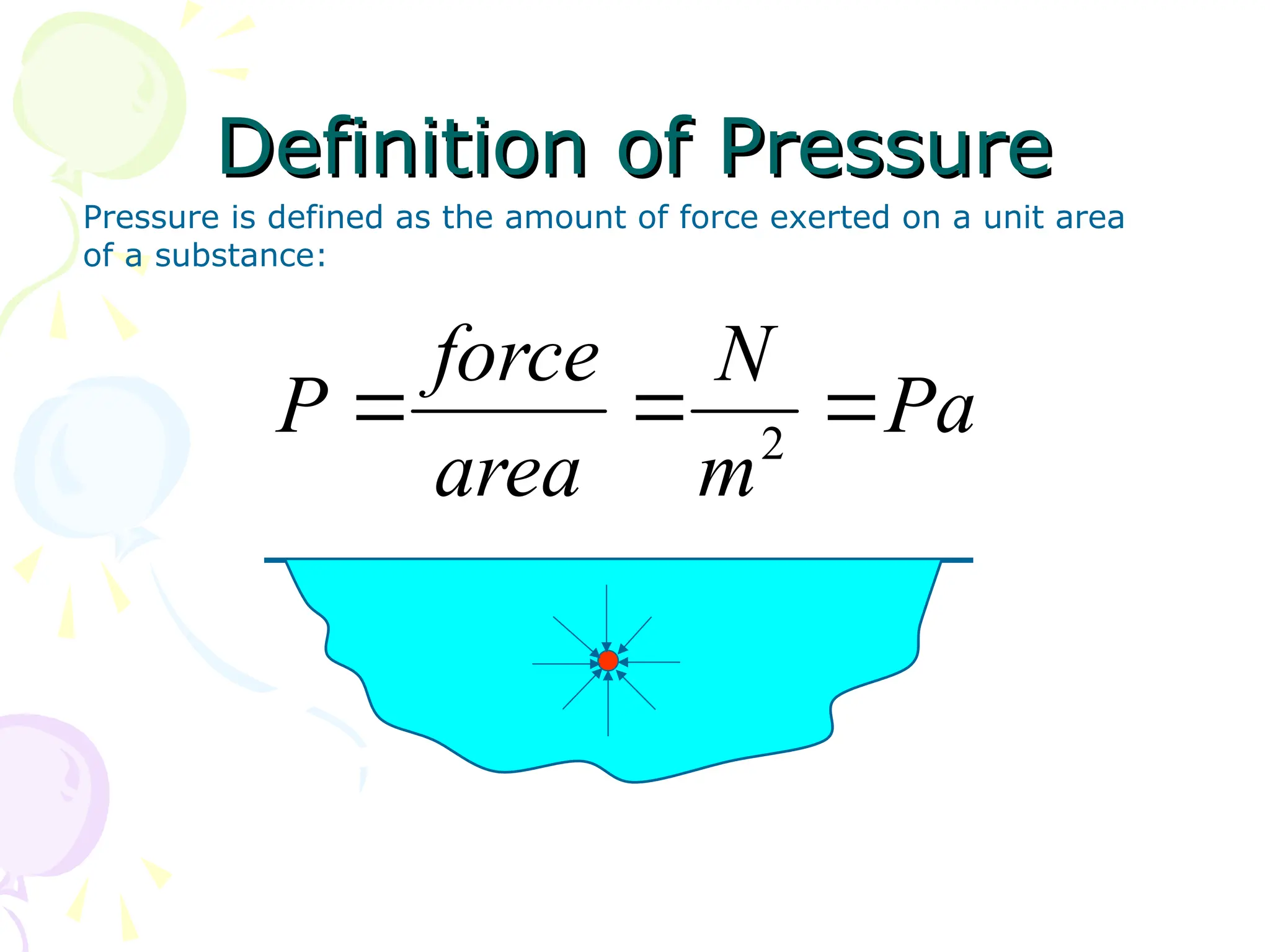 Definition of Pressure
Definition of Pressure
Pressure is defined as the amount of force exerted on a unit area
of a substance:
Pa
m
N
area
force
P 

 2
 