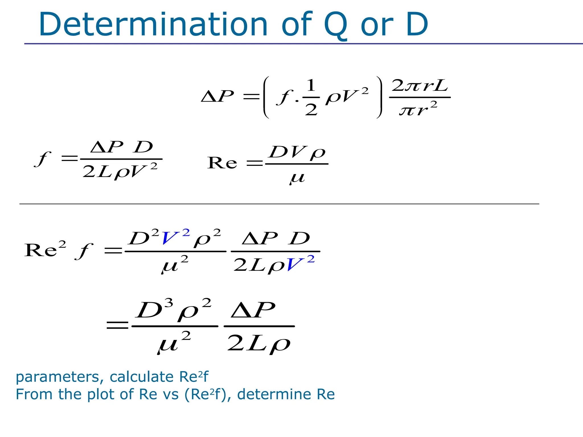 Determination of Q or D
Method (ii)
2
2
1 2
.
2
rL
P f V
r



 
  
 
2
2
P D
f
L V


 Re
DV 


2 2
2
2 2
2
Re
2
D P D
f
L
V
V

 


3 2
2
2
D P
L

 


From the plot of f vs Re,
plot Re vs (Re2
f)
parameters, calculate Re2
f
From the plot of Re vs (Re2
f), determine Re Calculate Vav
 