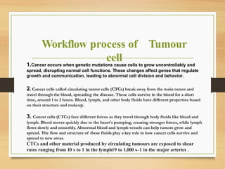 Workflow process of Tumour
cell
1.Cancer occurs when genetic mutations cause cells to grow uncontrollably and
spread, disrupting normal cell functions. These changes affect genes that regulate
growth and communication, leading to abnormal cell division and behavior.
2. Cancer cells called circulating tumor cells (CTCs) break away from the main tumor and
travel through the blood, spreading the disease. These cells survive in the blood for a short
time, around 1 to 2 hours. Blood, lymph, and other body fluids have different properties based
on their structure and makeup.
3. Cancer cells (CTCs) face different forces as they travel through body fluids like blood and
lymph. Blood moves quickly due to the heart's pumping, creating stronger forces, while lymph
flows slowly and smoothly. Abnormal blood and lymph vessels can help tumors grow and
spread. The flow and structure of these fluids play a key role in how cancer cells survive and
spread to new areas.
CTCs and other material produced by circulating tumours are exposed to shear
rates ranging from 10 s to 1 in the lymph19 to 1,000 s–1 in the major arteries .
 