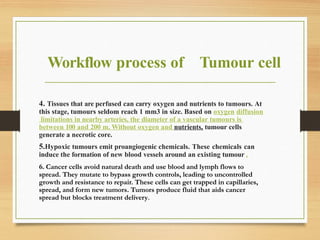 Workflow process of Tumour cell
4. Tissues that are perfused can carry oxygen and nutrients to tumours. At
this stage, tumours seldom reach 1 mm3 in size. Based on oxygen diffusion
limitations in nearby arteries, the diameter of a vascular tumours is
between 100 and 200 m. Without oxygen and nutrients, tumour cells
generate a necrotic core.
5.Hypoxic tumours emit proangiogenic chemicals. These chemicals can
induce the formation of new blood vessels around an existing tumour .
6. Cancer cells avoid natural death and use blood and lymph flows to
spread. They mutate to bypass growth controls, leading to uncontrolled
growth and resistance to repair. These cells can get trapped in capillaries,
spread, and form new tumors. Tumors produce fluid that aids cancer
spread but blocks treatment delivery.
 