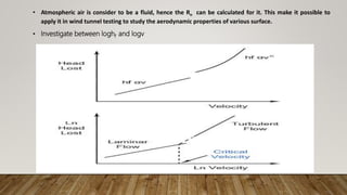 • Atmospheric air is consider to be a fluid, hence the Rn can be calculated for it. This make it possible to
apply it in wind tunnel testing to study the aerodynamic properties of various surface.
• Investigate between loghf and logv
 