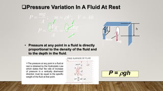 Pressure Variation In A Fluid At Rest
; ;
mg
P m V V Ah
A
  
Vg Ahg
P
A A
 
  h
mg
Area
P = gh
• Pressure at any point in a fluid is directly
proportional to the density of the fluid and
to the depth in the fluid.
 