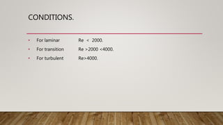 CONDITIONS.
• For laminar Re < 2000.
• For transition Re >2000 <4000.
• For turbulent Re>4000.
 