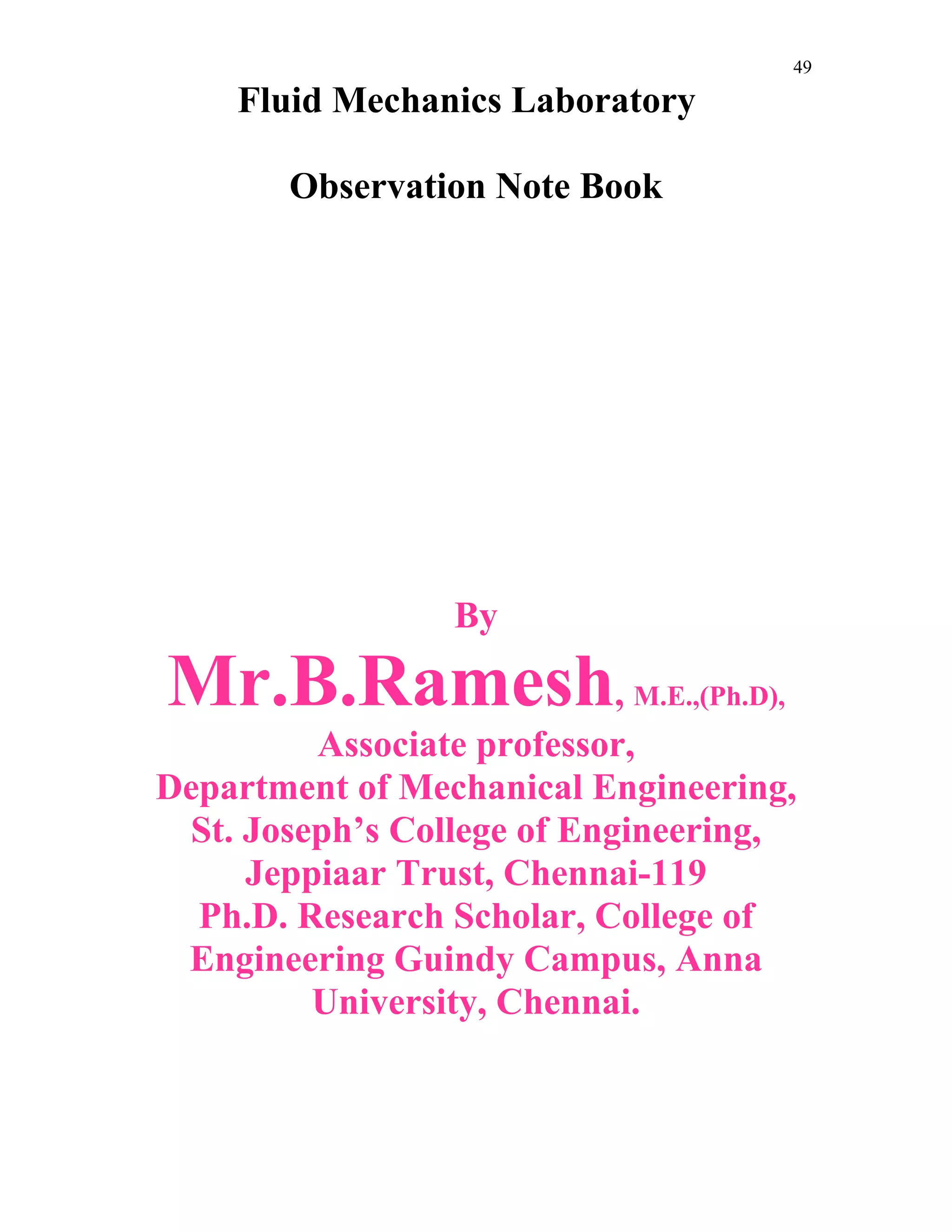 Fluid mechanics lab manual | PDF