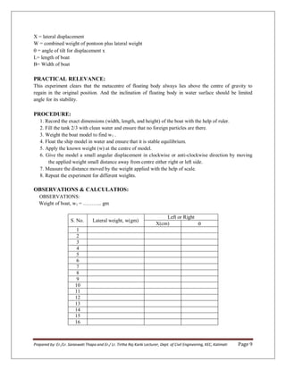 Prepared by: Er./Lr. Saraswati Thapa and Er./ Lr. Tirtha Raj Karki Lecturer, Dept. of Civil Engineering, KEC, Kalimati Page 9
X = lateral displacement
W = combined weight of pontoon plus lateral weight
 = angle of tilt for displacement x
L= length of boat
B= Width of boat
PRACTICAL RELEVANCE:
This experiment clears that the metacentre of floating body always lies above the centre of gravity to
regain in the original position. And the inclination of floating body in water surface should be limited
angle for its stability.
PROCEDURE:
1. Record the exact dimensions (width, length, and height) of the boat with the help of ruler.
2. Fill the tank 2/3 with clean water and ensure that no foreign particles are there.
3. Weight the boat model to find w1 .
4. Float the ship model in water and ensure that it is stable equilibrium.
5. Apply the known weight (w) at the centre of model.
6. Give the model a small angular displacement in clockwise or anti-clockwise direction by moving
the applied weight small distance away from centre either right or left side.
7. Measure the distance moved by the weight applied with the help of scale.
8. Repeat the experiment for different weights.
OBSERVATIONS & CALCULATIOS:
OBSERVATIONS:
Weight of boat, w1 = ……….. gm
S. No. Lateral weight, w(gm)
Left or Right
X(cm) 
1
2
3
4
5
6
7
8
9
10
11
12
13
14
15
16
 
