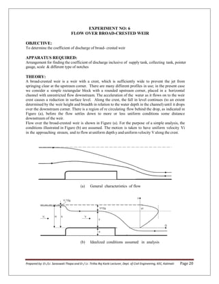 Prepared by: Er./Lr. Saraswati Thapa and Er./ Lr. Tirtha Raj Karki Lecturer, Dept. of Civil Engineering, KEC, Kalimati Page 20
EXPERIMENT NO: 6
FLOW OVER BROAD-CRESTED WEIR
OBJECTIVE:
To determine the coefficient of discharge of broad- crested weir
APPARATUS REQUIRED:
Arrangement for finding the coefficient of discharge inclusive of supply tank, collecting tank, pointer
gauge, scale & different type of notches
THEORY:
A broad-crested weir is a weir with a crest, which is sufficiently wide to prevent the jet from
springing clear at the upstream corner. There are many different profiles in use; in the present case
we consider a simple rectangular block with a rounded upstream corner, placed in a horizontal
channel with unrestricted flow downstream. The acceleration of the water as it flows on to the weir
crest causes a reduction in surface level. Along the crest, the fall in level continues (to an extent
determined by the weir height and breadth in relation to the water depth in the channel) until it drops
over the downstream corner. There is a region of re circulating flow behind the drop, as indicated in
Figure (a), before the flow settles down to more or less uniform conditions some distance
downstream of the weir.
Flow over the broad-crested weir is shown in Figure (a). For the purpose of a simple analysis, the
conditions illustrated in Figure (b) are assumed. The motion is taken to have uniform velocity Vi
in the approaching stream, and to flow at uniform depth y and uniform velocity V along the crest.
(a) General characteristics of flow
(b) Idealized conditions assumed in analysis
 