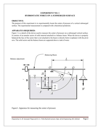 Prepared by: Er. /Sl. Saraswati Thapa and Er./ Lr. Tirtha Raj Karki Lecturer, Dept. of Civil Engineering, KEC, Kalimati Page 2
EXPERIMENT NO: 1
HYDROSTATIC FORCE ON A SUBMERGED SURFACE
OBJECTIVE:
The purpose of this experiment is to experimentally locate the center of pressure of a vertical submerged
surface. The experimental measurement is compared with a theoretical prediction.
APPARATUS REQUIRED:
Figure 1 is a sketch of the device used to measure the center of pressure on a submerged vertical surface.
It consists of an annular sector of solid material attached to a balance beam. When the device is properly
balanced the face of the sector that is not attached to the beam is directly below (coplanar) with the pivot
axis. The solid sector and the balance beam are supported above a tank of water.
Figure1: Apparatus for measuring the center of pressure
y
yR
D
CG
CP
Balancing Beam
Balance adjustment
 