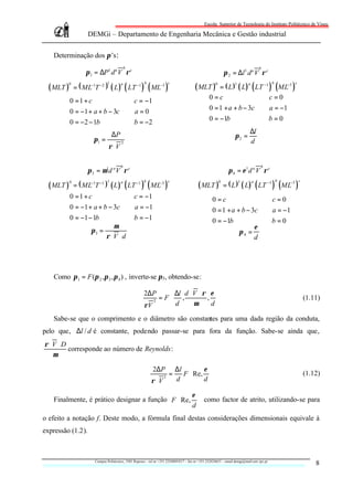 Escola Superior de Tecnologia do Instituto Politécnico de Viseu

                      DEMGi – Departamento de Engenharia Mecânica e Gestão industrial


   Determinação dos π’s :
                                              b                                                                                     b
                     π 1 = ∆P1 d a V ρ c                                                                     π 2 = ∆l 1 d a V ρ c

  ( MLT )       = ( ML−1T −2 ) ( L ) ( LT −1 ) ( ML−3 )                                   ( MLT )0 = ( L )1 ( L) a ( LT −1 )                     ( ML )
         0                       1        a              b                c                                                                  b       −3 c


                                                                                                 0 = c                c = 0
        0 = 1 + c             c = − 1                                                                               
                                                                                               0 = 1 + a + b − 3c ⇔  a = −1
        0 = −1 + a + b − 3c ⇔  a = 0                                                           0 = −1b              b = 0
        0 = −2 − 1b           b = − 2                                                                               
                              
                                     ∆P                                                                                       ∆l
                                                                                                                    π2 =
                        π1 =              2                                                                                   d
                                 ρ ⋅V

                                          b                                                                                          b
                     π 3 = µ 1d a V ρ c                                                                         π 4 = ε 1d a V ρ c

  ( MLT )       = ( ML−1T −1 ) ( L ) ( LT −1 ) ( ML−3 )                                     ( MLT )          = ( L ) ( L) ( LT −1 ) ( ML−3 )
            0                    1        a              b                c                              0            1        a                 b          c



        0 = 1 + c                c = − 1                                                         0 = c                c = 0
                                                                                                                      
         0 = − 1 + a + b − 3c ⇔  a = − 1                                                         0 = 1 + a + b − 3c ⇔  a = −1
        0 = −1 − 1b              b = − 1                                                         0 = −1b              b = 0
                                                                                                                      
                            µ                                                                                        ε
                   π3 =                                                                                        π4 =
                         ρ ⋅V ⋅ d                                                                                    d




   Como π 1 = F (π 2 ,π 3 , π 4 ) , inverte-se π3 , obtendo-se:

                                                         2∆P    ∆l d ⋅V ⋅ ρ ε 
                                                            = F ,          ,                                                                                  (1.11)
                                                                       µ
                                                               2
                                                         ρV    d            d

   Sabe-se que o comprimento e o diâmetro são constantes para uma dada região da conduta,
pelo que, ∆l / d é constante, podendo passar-se para fora da função. Sabe-se ainda que,
ρ ⋅V ⋅ D
         corresponde ao número de Reynolds:
   µ

                                                              2∆ P            ∆l      ε
                                                                          =     F  Re,                                                                        (1.12)
                                                             ρ ⋅V
                                                                      2
                                                                              d       d

                                                  ε
   Finalmente, é prático designar a função F  Re,  como factor de atrito, utilizando-se para
                                                   
                                                 d
o efeito a notação f. Deste modo, a fórmula final destas considerações dimensionais equivale à
expressão (1.2).



                         Campus Politécnico, 3501 Repeses – tel nr +351.232480543/7 – fax nr +351.232424651 – email demgi@mail.estv.ipv.pt
                                                                                                                                                                    8
 