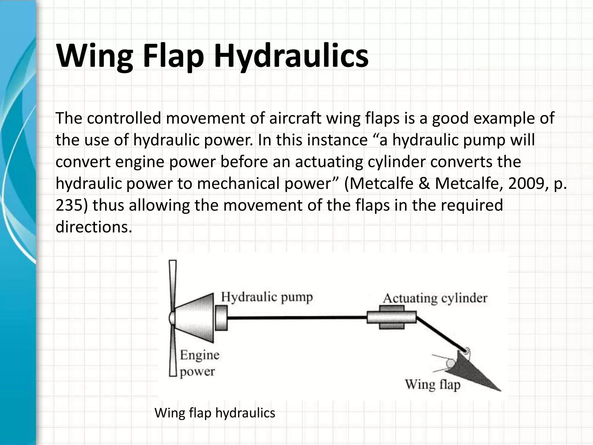 Wing Flap Hydraulics
The controlled movement of aircraft wing flaps is a good example of
the use of hydraulic power. In this instance “a hydraulic pump will
convert engine power before an actuating cylinder converts the
hydraulic power to mechanical power” (Metcalfe & Metcalfe, 2009, p.
235) thus allowing the movement of the flaps in the required
directions.




            Wing flap hydraulics
 