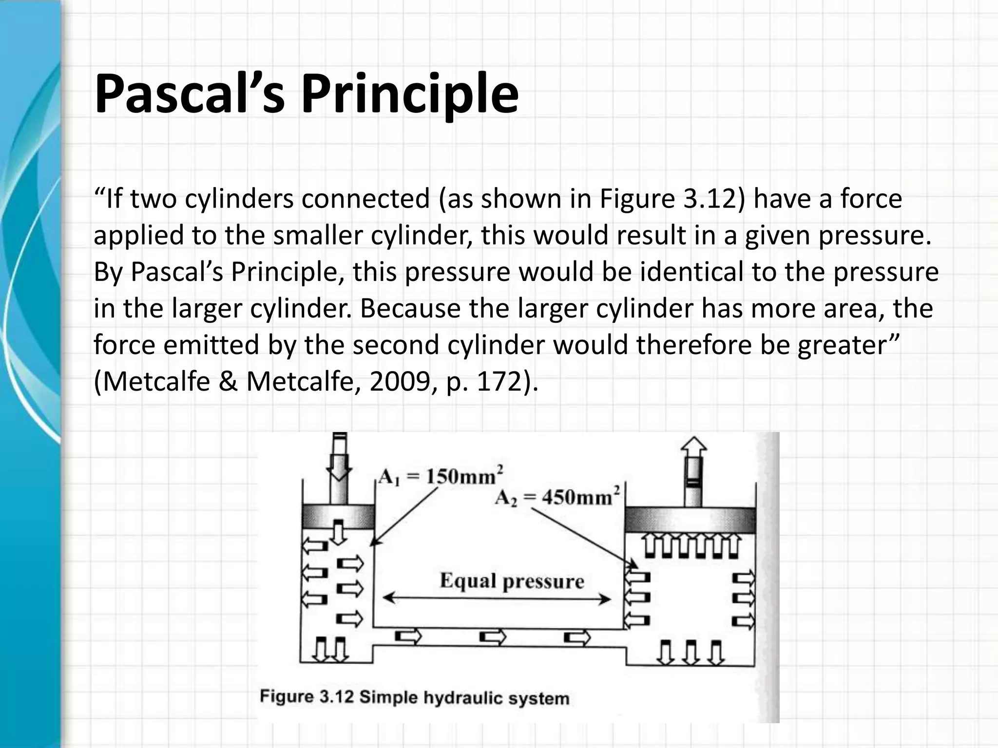 Pascal’s Principle
“If two cylinders connected (as shown in Figure 3.12) have a force
applied to the smaller cylinder, this would result in a given pressure.
By Pascal’s Principle, this pressure would be identical to the pressure
in the larger cylinder. Because the larger cylinder has more area, the
force emitted by the second cylinder would therefore be greater”
(Metcalfe & Metcalfe, 2009, p. 172).
 